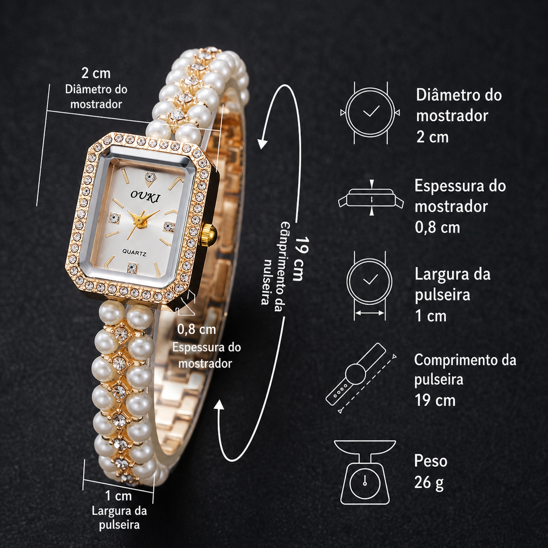 Relógio Feminino Dourado Pérolas — detalhe 10 das peças do conjunto