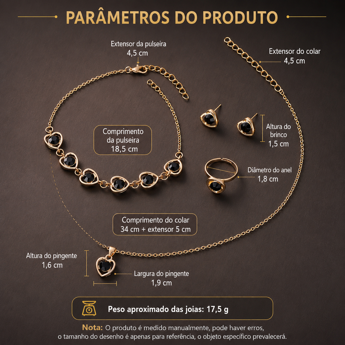 Conjunto de Joias Coração — detalhe 4 das peças do conjunto