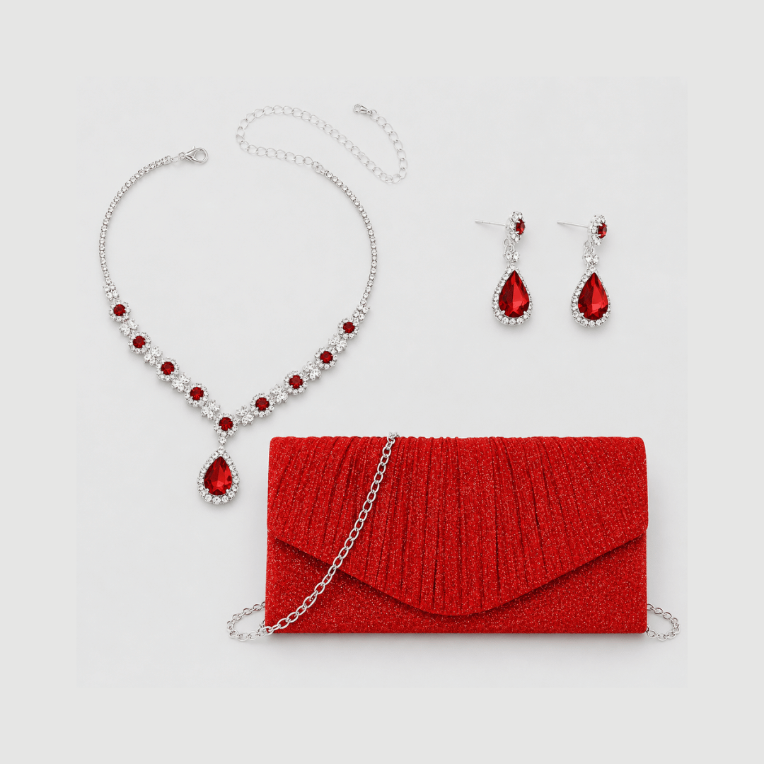 Clutch Feminina Vermelha da Moriah Joias com colar e brincos