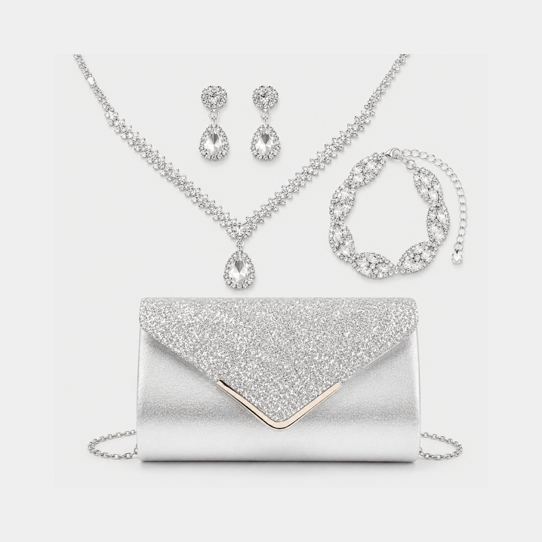 Clutch Feminina Strass da Moriah Joias com colar, brincos e pulseira