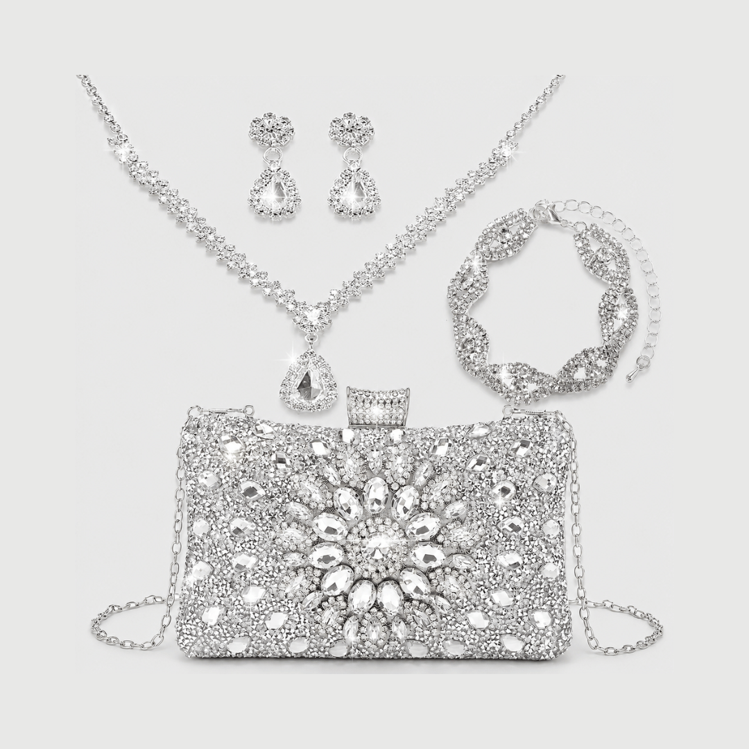 Bolsa Feminina Dourada Strass da Moriah Joias com colar, brincos e pulseira