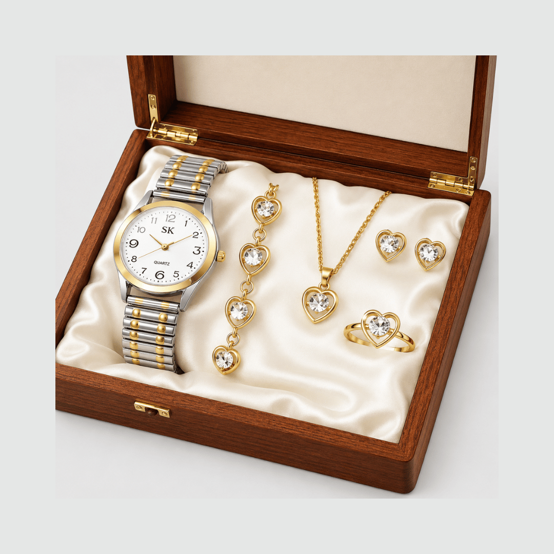 Relógio Feminino Dourado da Moriah Joias com colar, brincos e pulseira