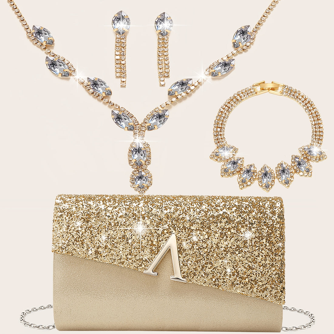 Clutch Feminina Brilhante 4 Peças — detalhe 4 das peças do conjunto