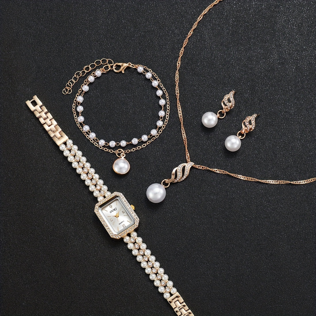 Relógio Feminino Dourado Pérolas — detalhe 5 das peças do conjunto