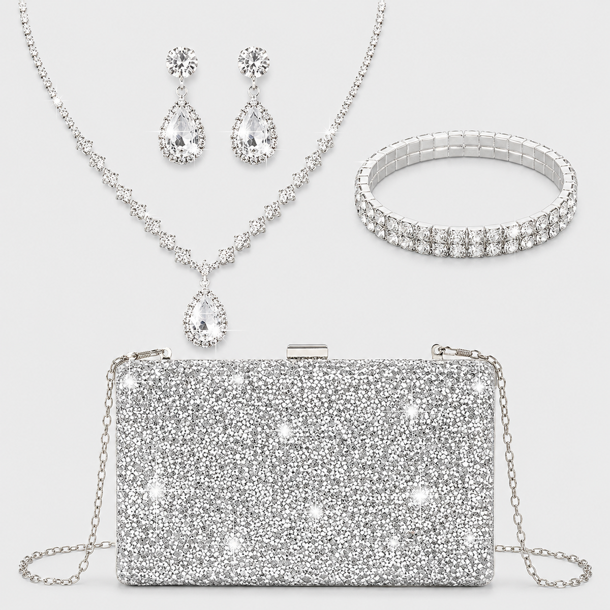 Bolsa Feminina Prateada da Moriah Joias com colar, brincos e pulseira