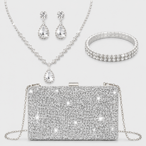 Bolsa Feminina Prateada da Moriah Joias com colar, brincos e pulseira