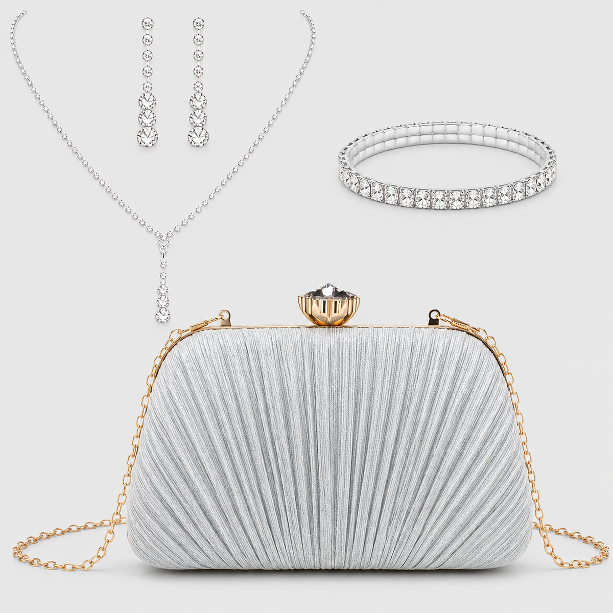 Clutch Feminina com Franjas da Moriah Joias com colar, brincos e pulseira