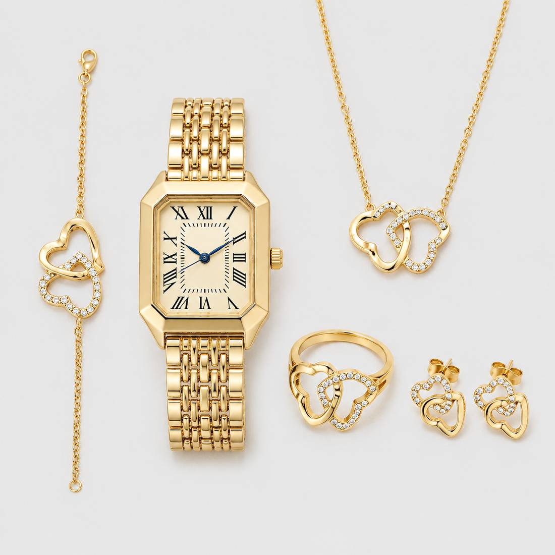 Relógio Feminino Dourado Cristal da Moriah Joias com colar, brincos e pulseira