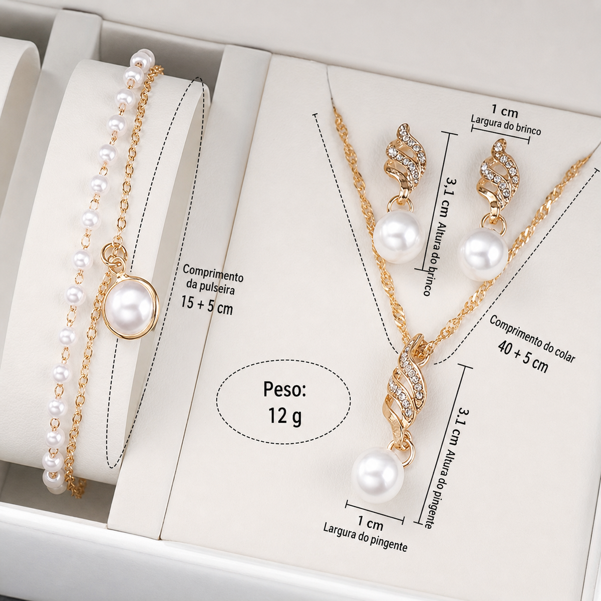 Relógio Feminino Dourado Pérolas — detalhe 4 das peças do conjunto