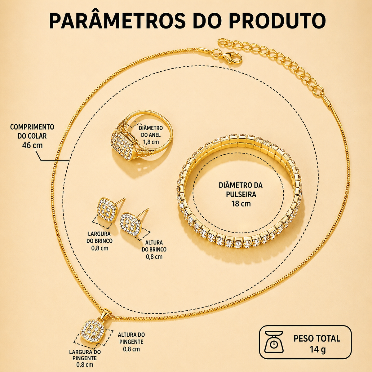 Conjunto de Joias Dourado — detalhe 5 das peças do conjunto