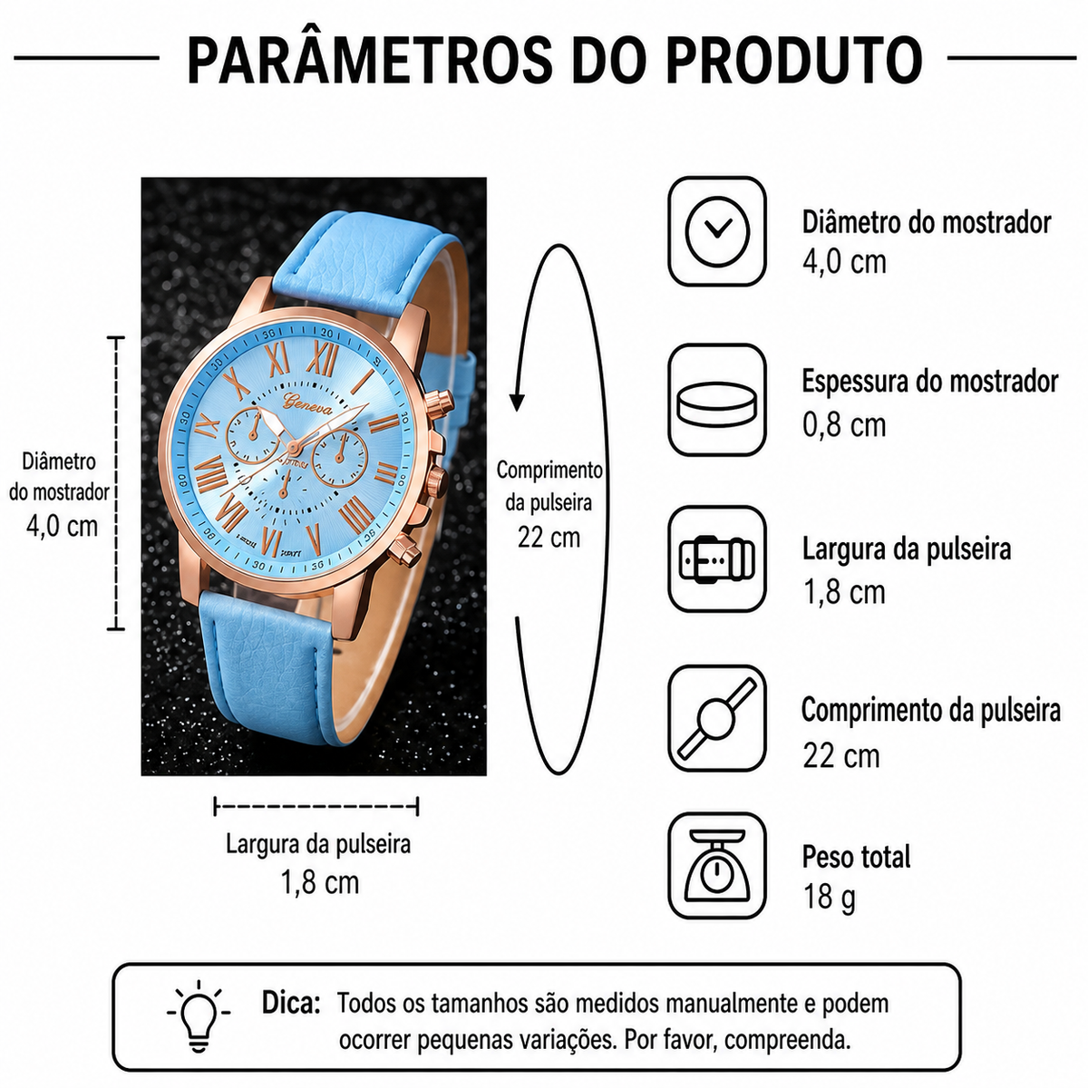 Relógio Feminino Azul Claro — detalhe 3 das peças do conjunto