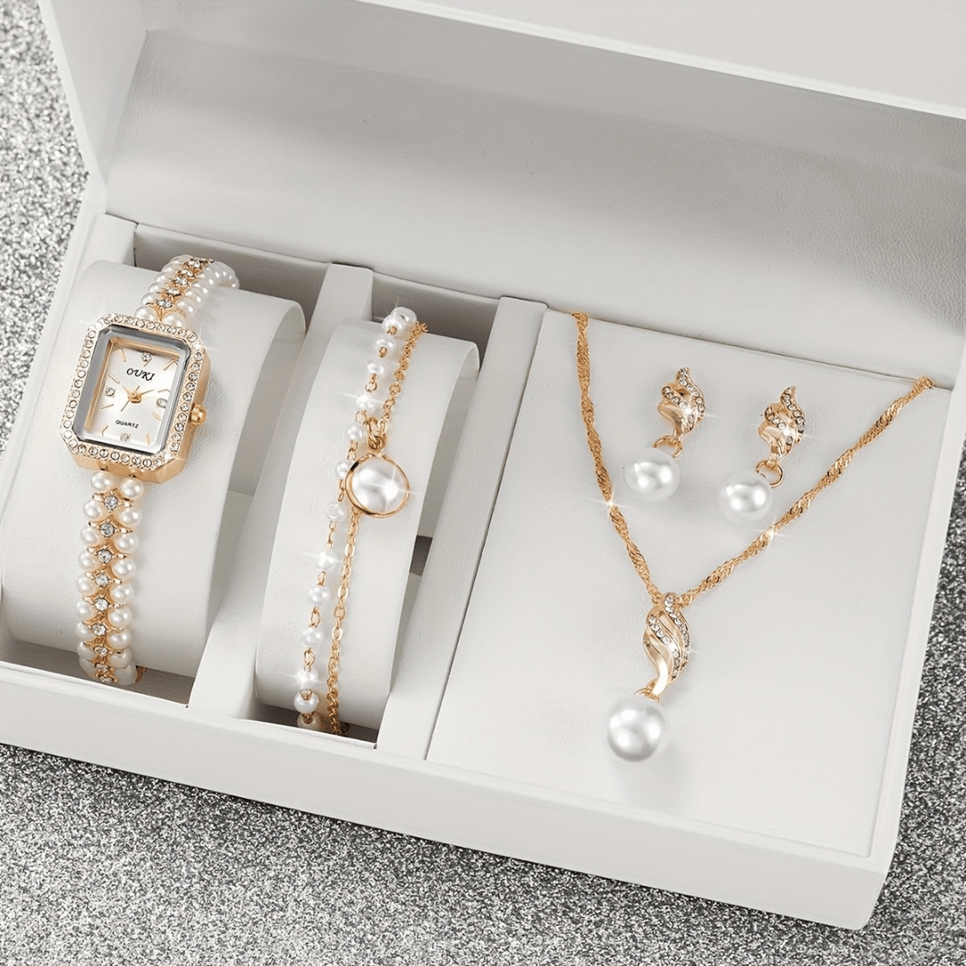 Relógio Feminino Dourado Pérolas — detalhe 7 das peças do conjunto