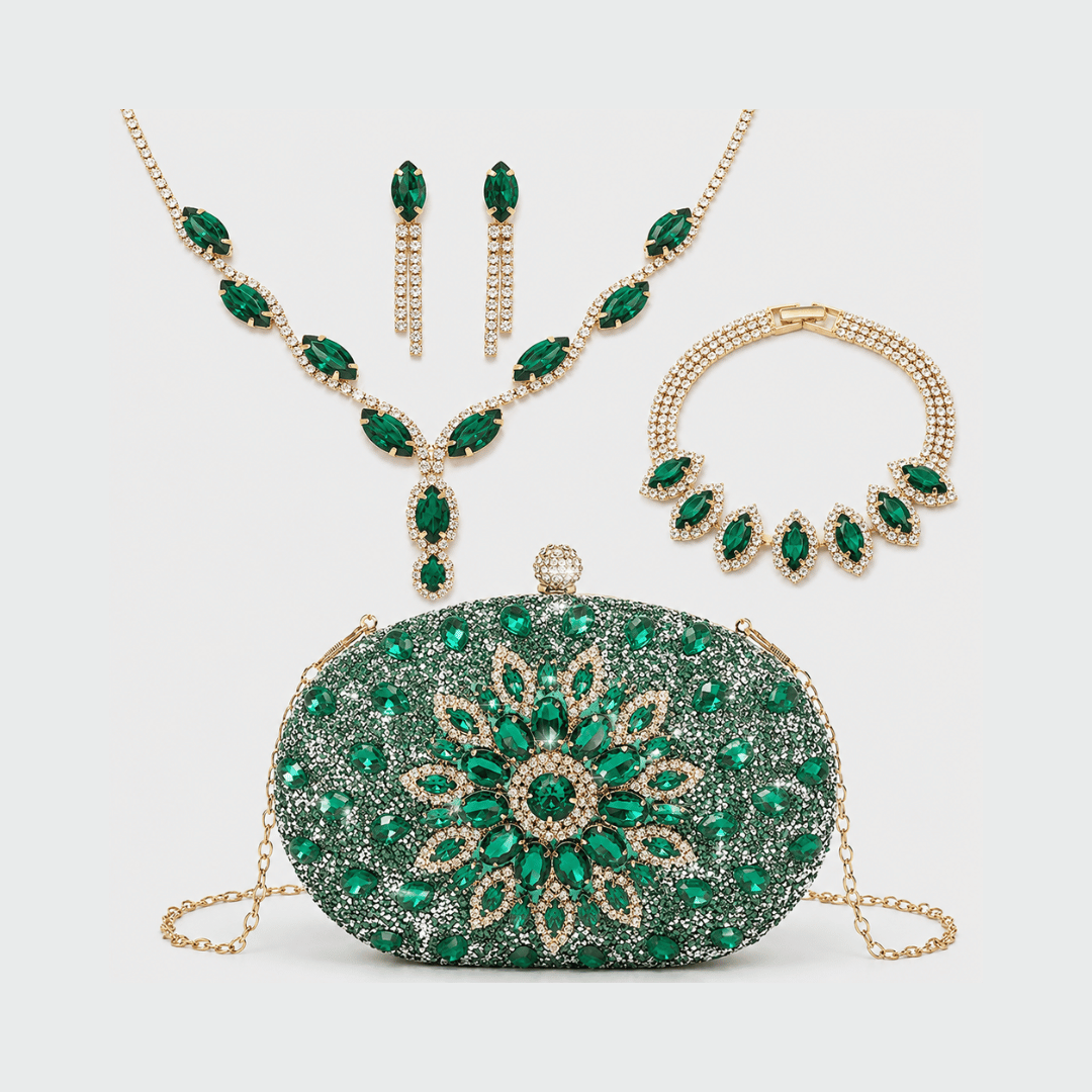 Clutch de Strass Luxo da Moriah Joias com colar, brincos e pulseira