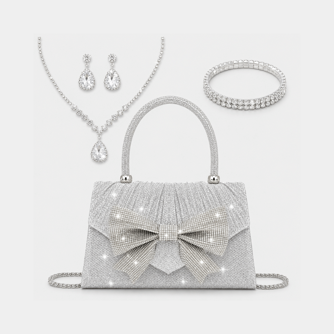 Bolsa Feminina com Laço de Strass da Moriah Joias com colar, brincos e pulseira