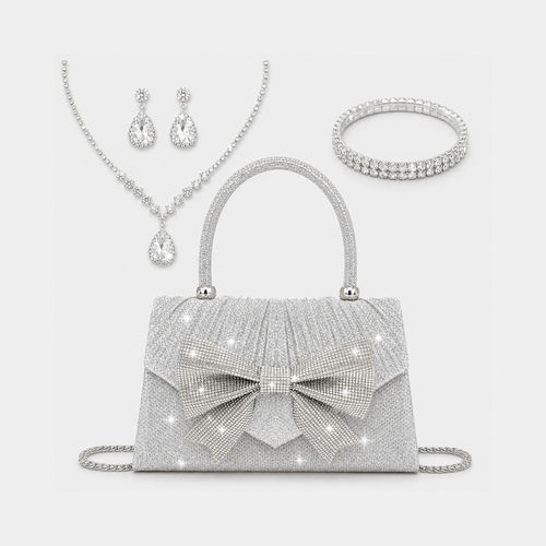 Bolsa Feminina com Laço de Strass da Moriah Joias com colar, brincos e pulseira