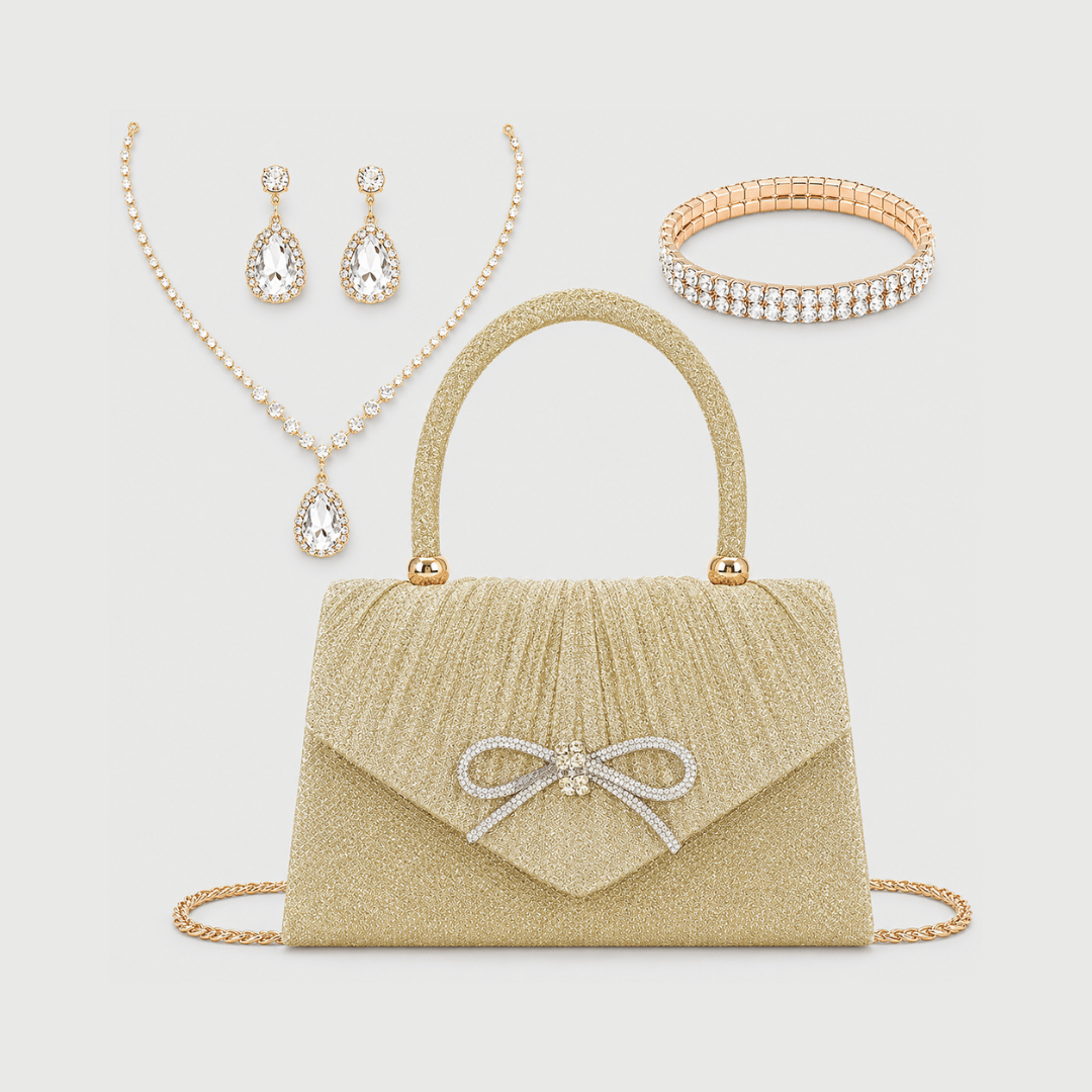 Clutch Preta com Lantejoulas da Moriah Joias com colar, brincos e pulseira