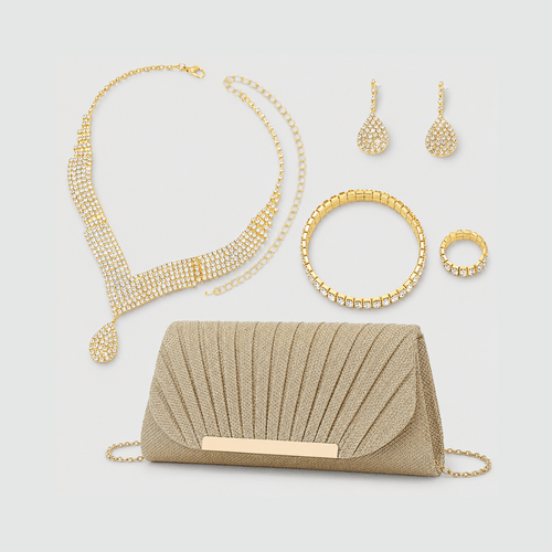 Bolsa Feminina Prateada Strass da Moriah Joias com colar, brincos e pulseira