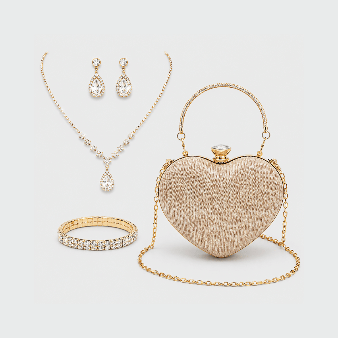 Clutch Feminina Coração da Moriah Joias com colar e brincos