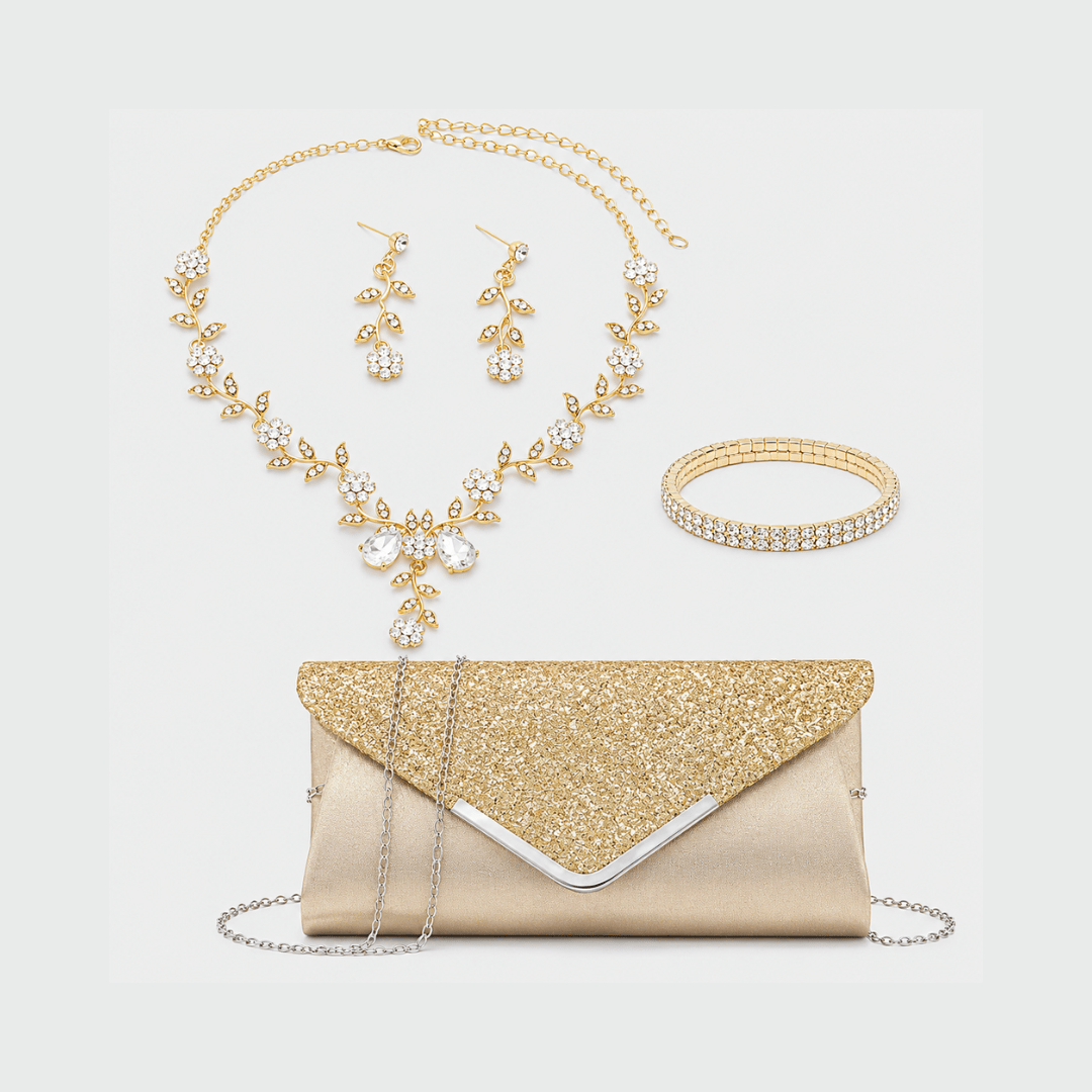 Clutch Feminina Lantejoulas da Moriah Joias com colar, brincos e pulseira