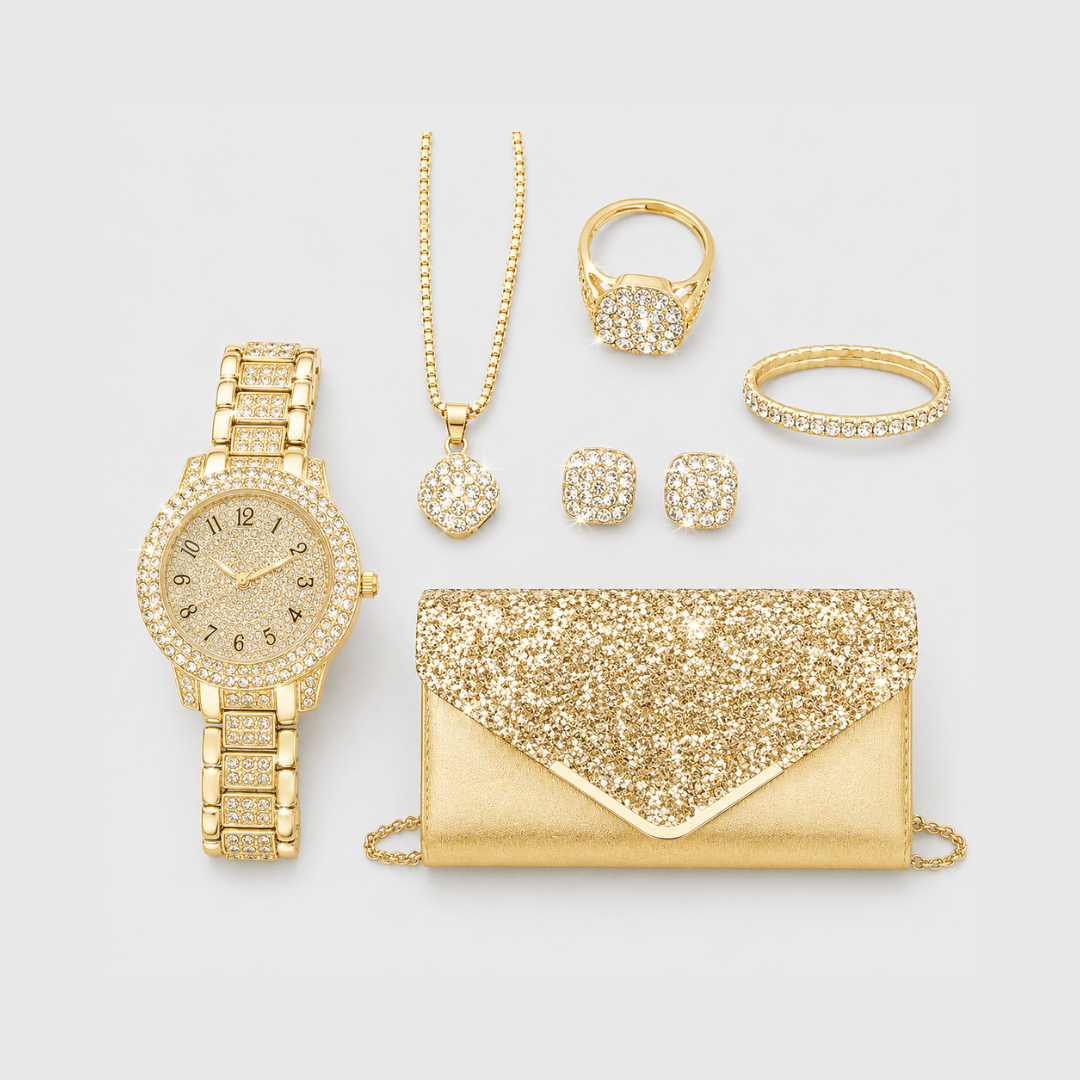 Conjunto de Joias Dourado da Moriah Joias com relógio, colar e brincos