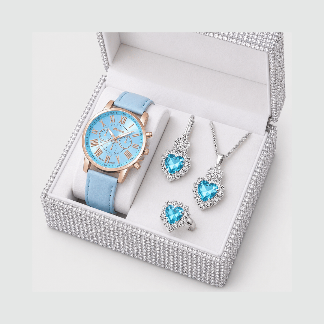 Relógio Feminino Azul Claro da Moriah Joias com colar, brincos e pulseira