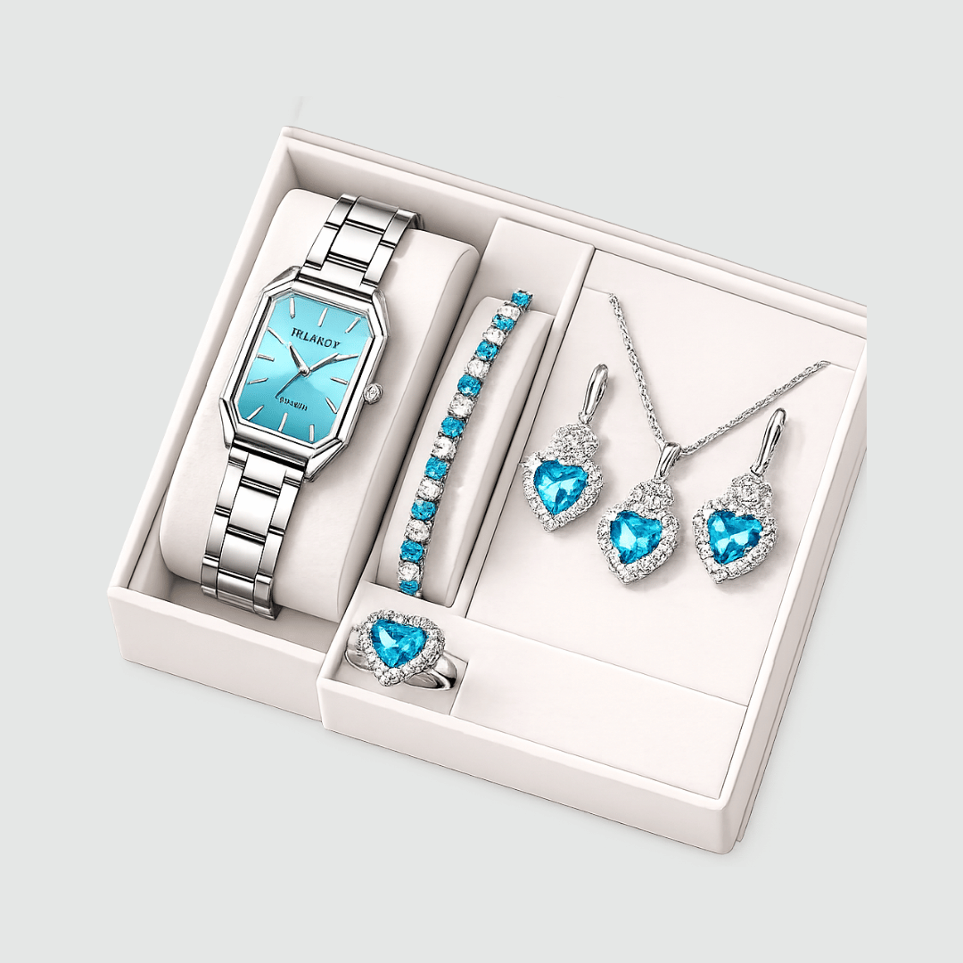 Relógio Feminino Azul Coração da Moriah Joias com colar, brincos e pulseira