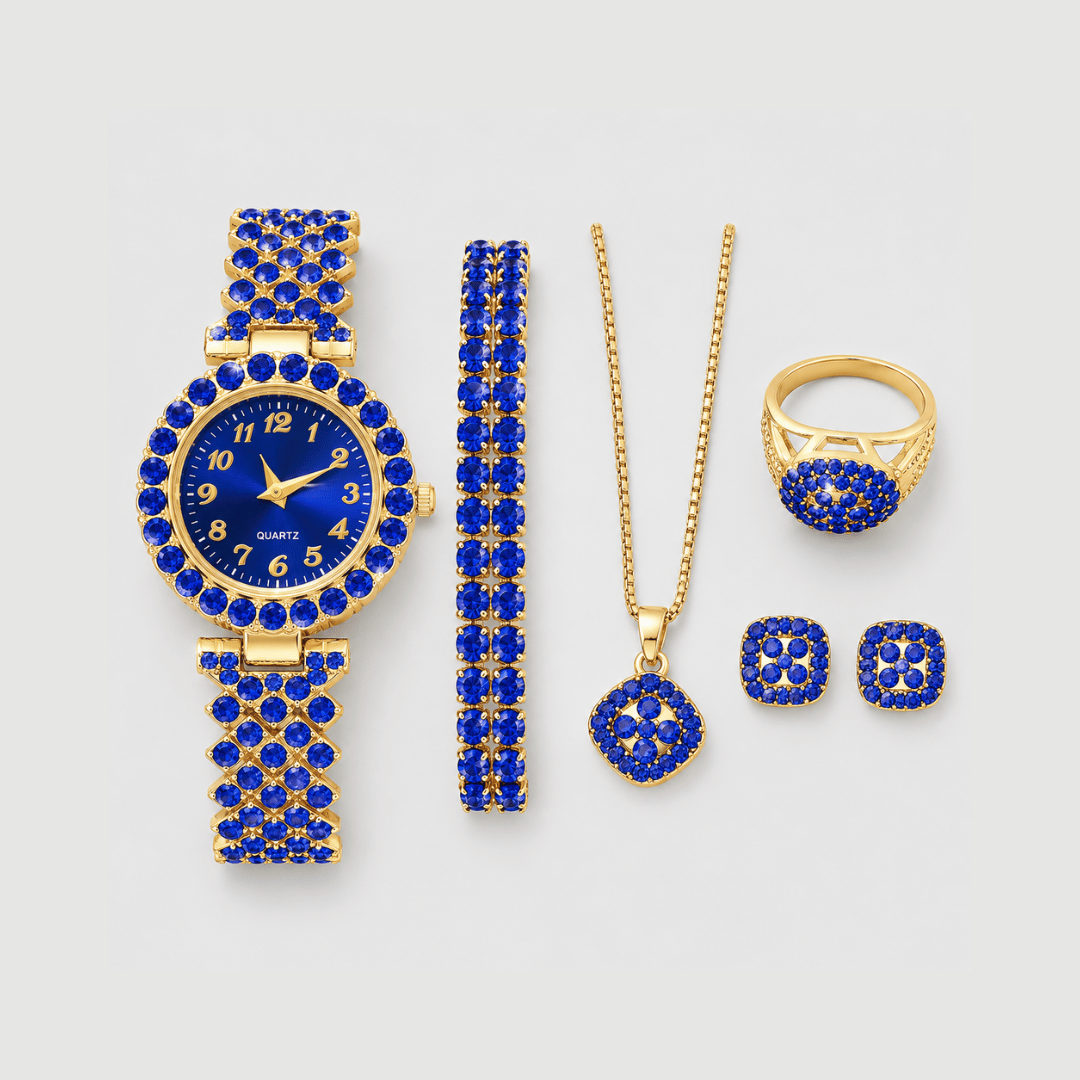 Relógio Feminino Azul da Moriah Joias com colar, brincos e pulseira