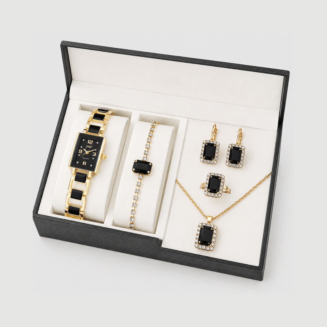 Relógio Feminino Preto da Moriah Joias com colar, brincos e pulseira