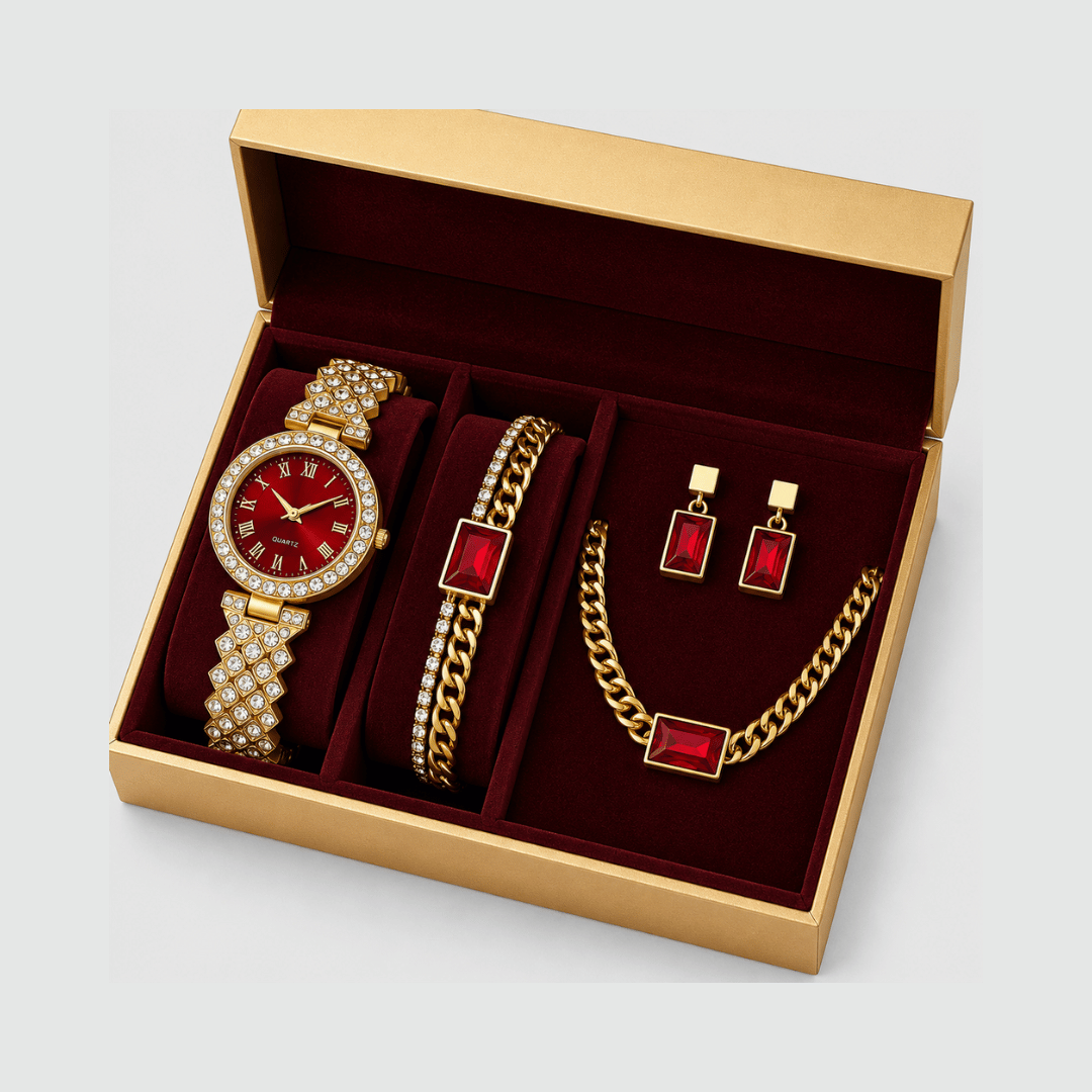Relógio Feminino Vermelho da Moriah Joias com colar, brincos e pulseira