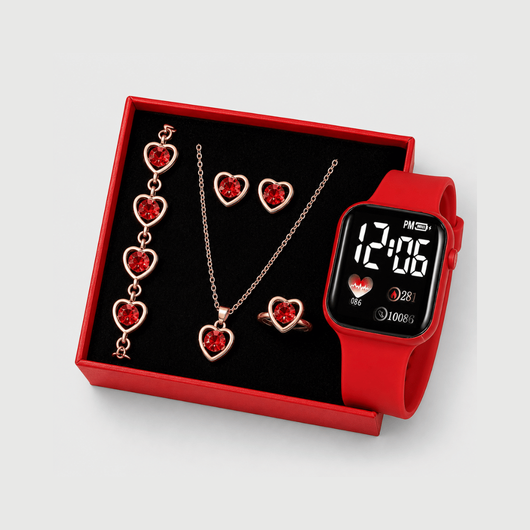 Relógio Feminino Vermelho Strass da Moriah Joias com colar, brincos e pulseira