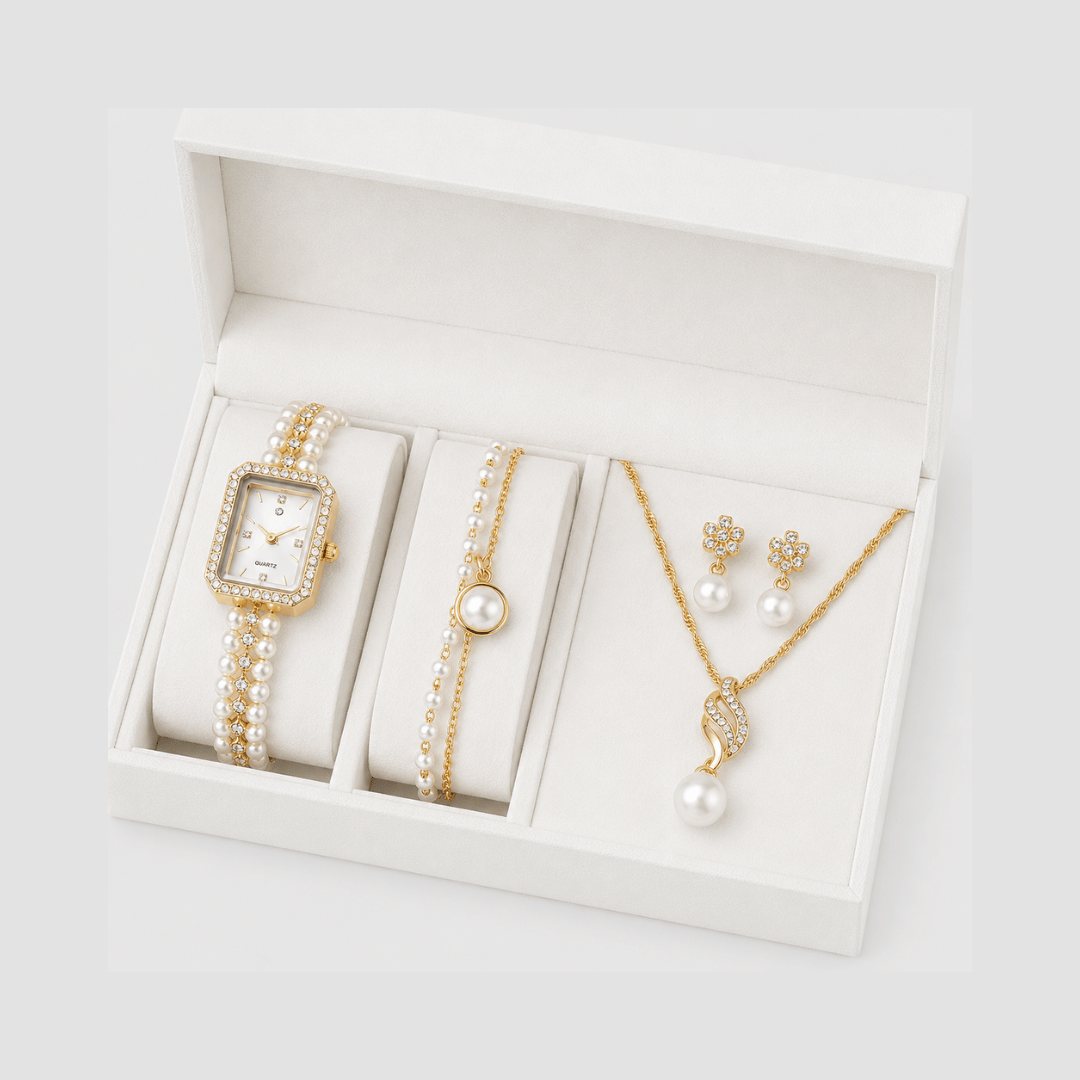 Relógio Feminino Dourado Pérolas da Moriah Joias com colar, brincos e pulseira
