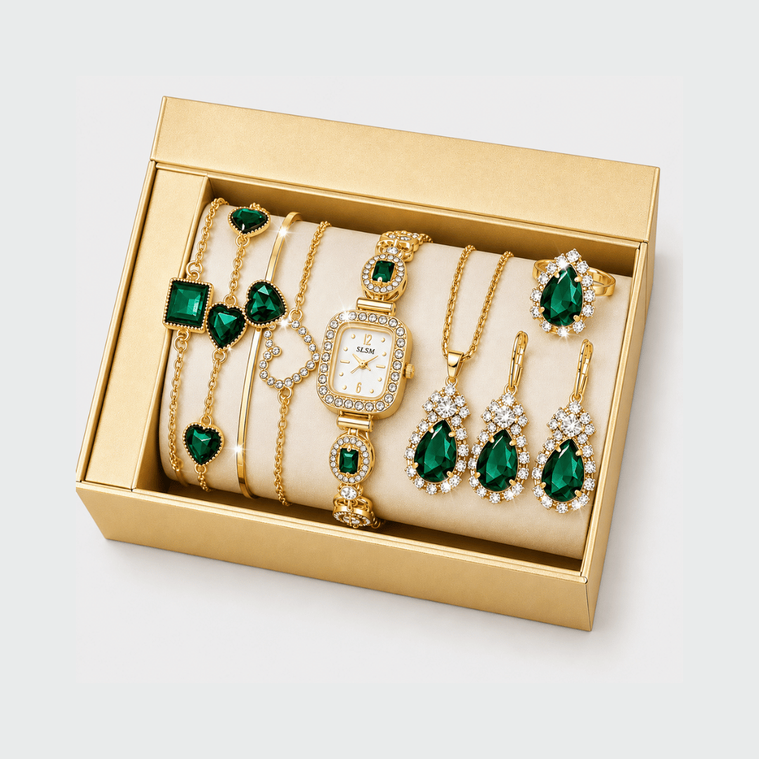 Relógio Feminino Verde Quartzo da Moriah Joias com colar, brincos e pulseira
