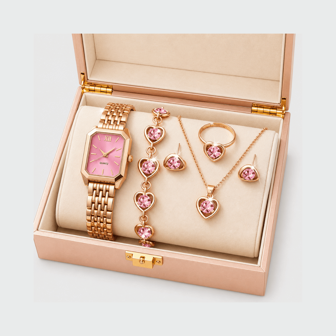 Relógio Feminino Rosa Cristal da Moriah Joias com colar, brincos e pulseira