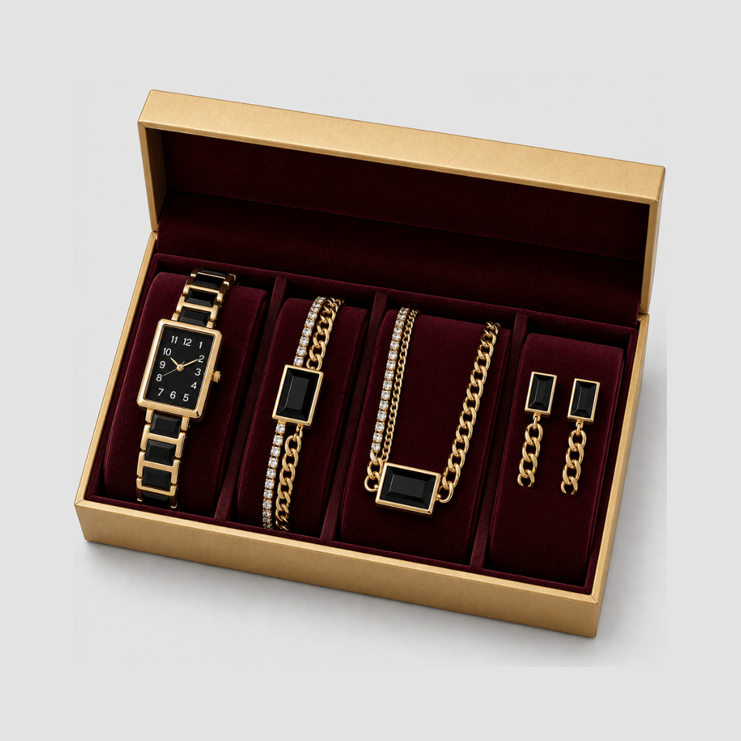 Relógio Feminino Dourado Minimalista da Moriah Joias com colar, brincos e pulseira
