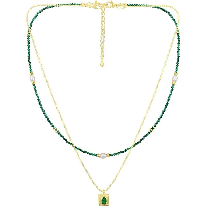 Colar Feminino Elegante com Pérolas, Pedras e Pingente de Zircão Esmeralda, Corrente em Camadas para Clavícula,