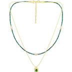 Colar Feminino Elegante com Pérolas, Pedras e Pingente de Zircão Esmeralda, Corrente em Camadas para Clavícula,