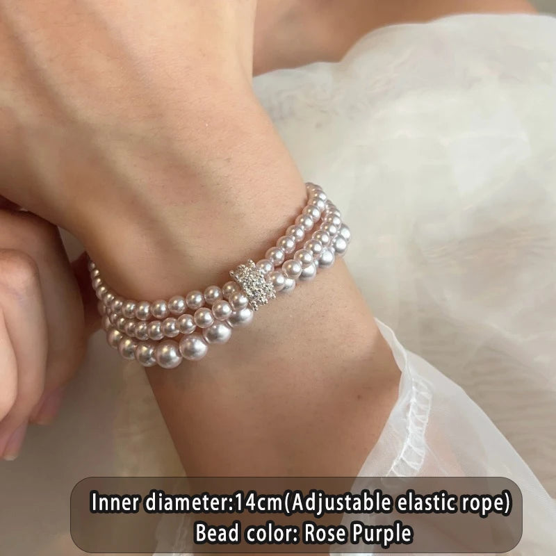 Pulseira Feminina de Pérolas com Zircões e Elástico – Elegante para Festas e Casamentos
