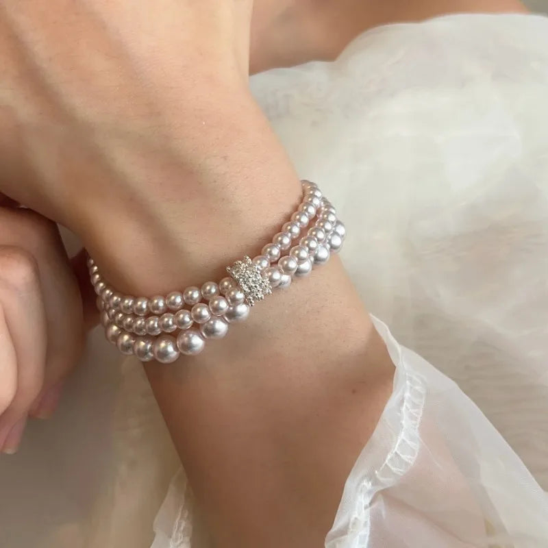 Pulseira Feminina de Pérolas com Zircões e Elástico – Elegante para Festas e Casamentos
