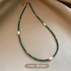 Colar Feminino Elegante com Pérolas, Pedras e Pingente de Zircão Esmeralda, Corrente em Camadas para Clavícula,