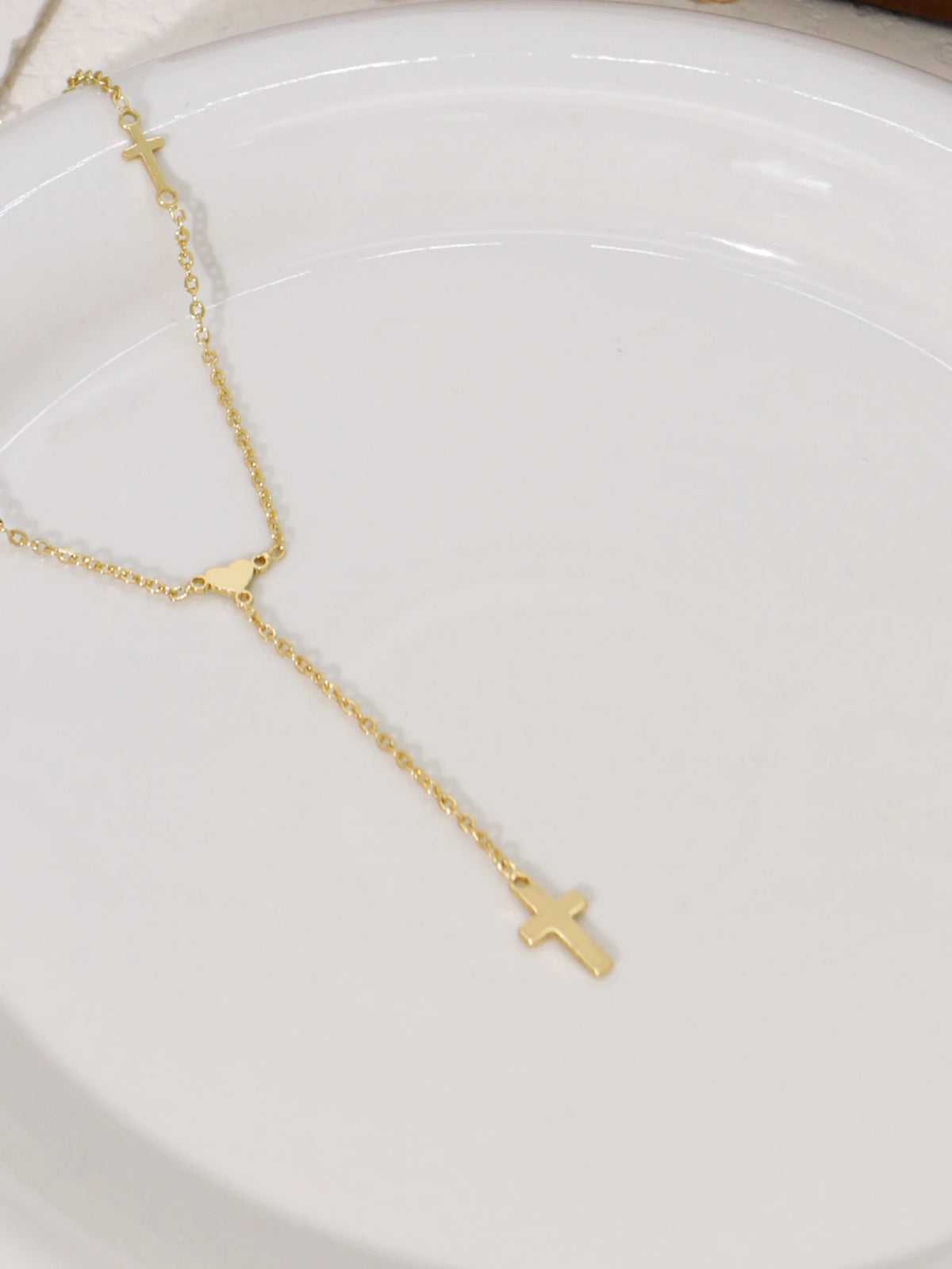 Colar Feminino Dourado em Y com Pingentes de Cruz e Coração – Delicado e Elegante