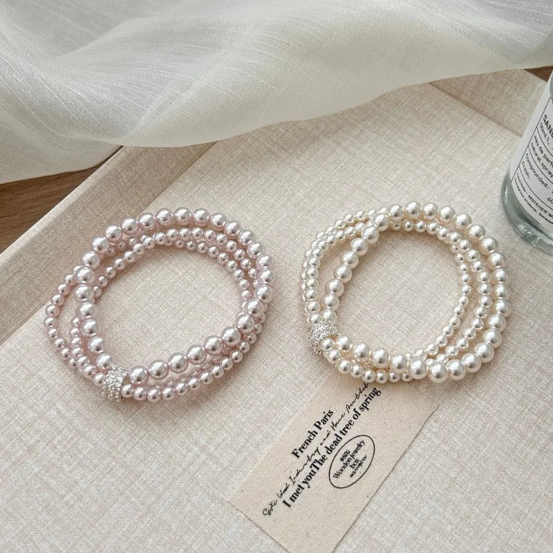 Pulseira Feminina de Pérolas com Zircões e Elástico – Elegante para Festas e Casamentos