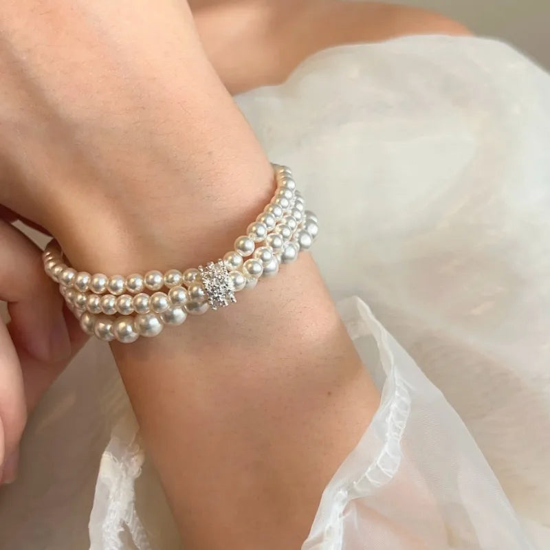 Pulseira Feminina de Pérolas com Zircões e Elástico – Elegante para Festas e Casamentos