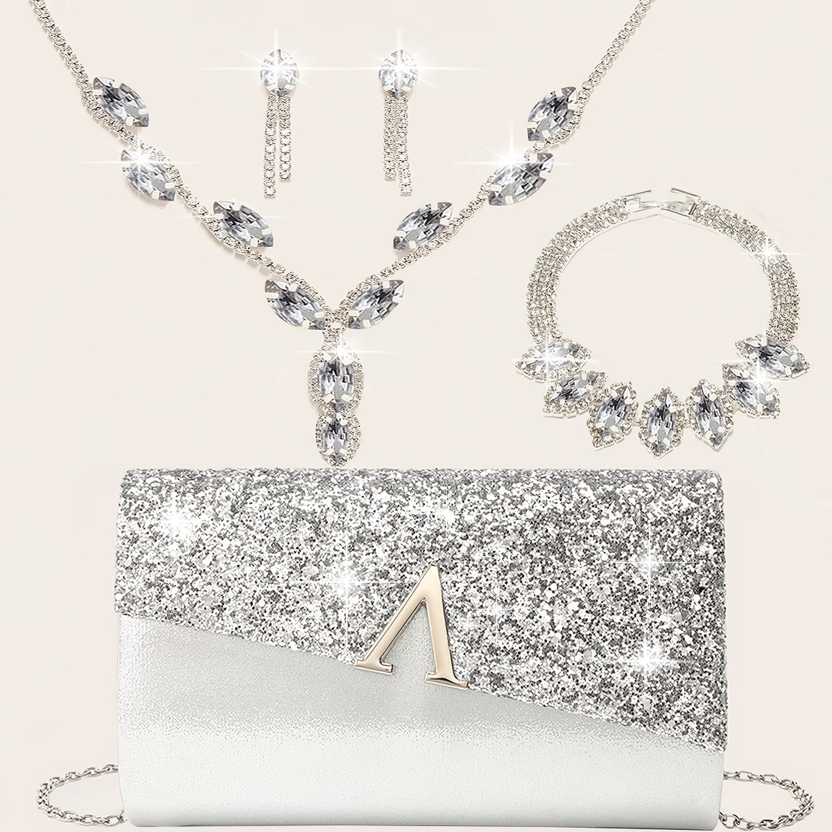 Clutch Feminina Brilhante 4 Peças — detalhe 1 das peças do conjunto