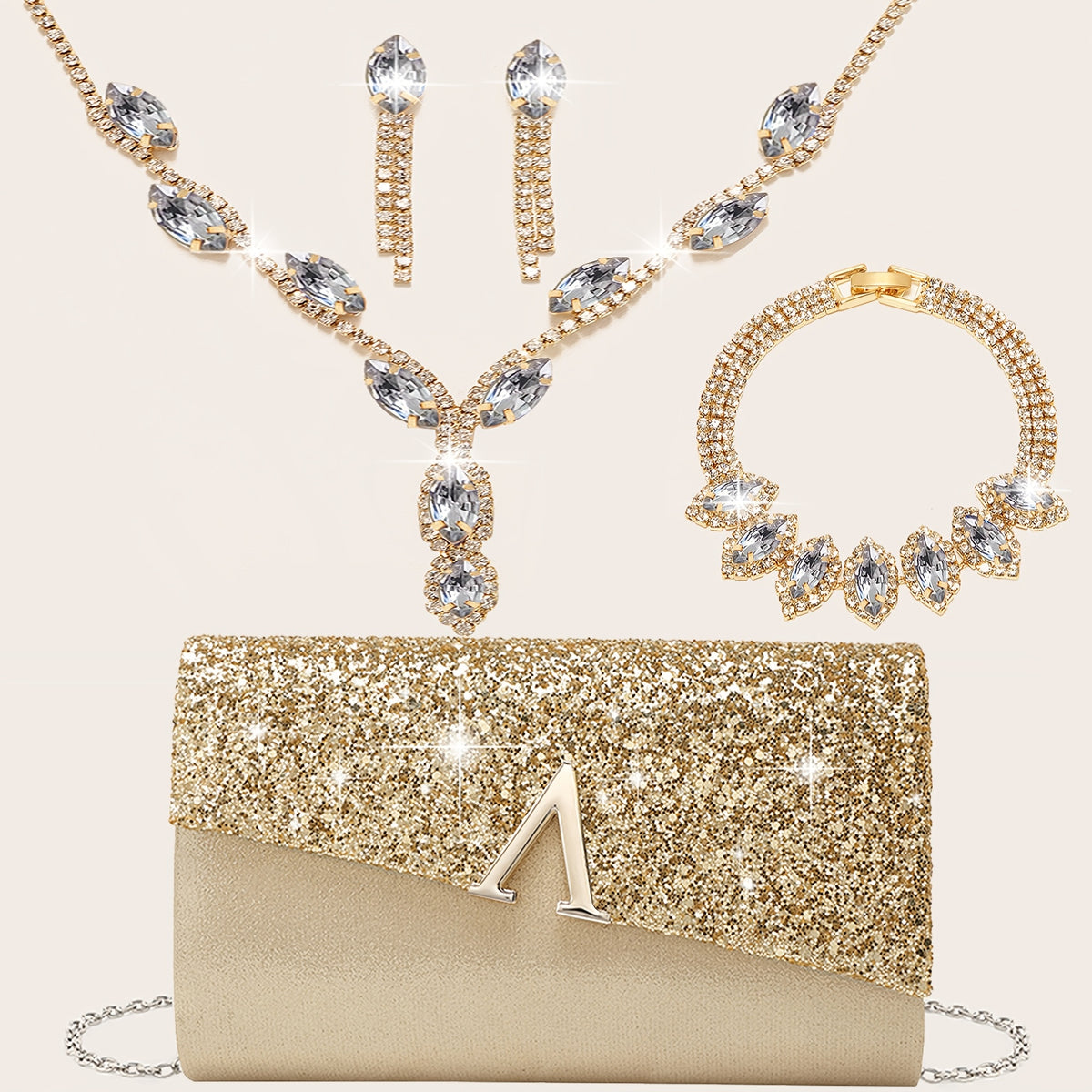 Clutch Feminina Brilhante 4 Peças — detalhe 4 das peças do conjunto